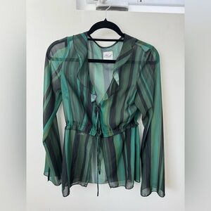 Green striped sheer blouse top & skirt long maxi set with tie up detail